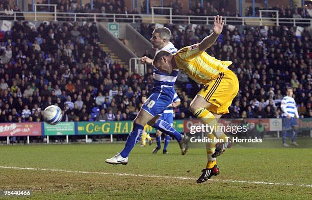 Kevin Nolan of Newcastle sees his headed attempt come off the post to deny him a hat-trick during the Coca Cola Championship match between Reading...