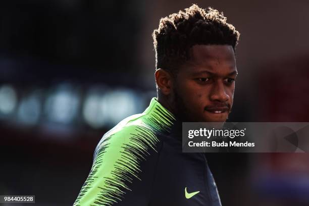 Fred looks on during a Brazil training session and press conference ahead of the Group E match against Serbia at Spartak Stadium on June 26, 2018 in...