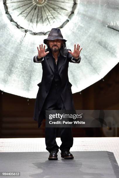 Fashion designer Yohji Yamamoto walks the runway during the Y-3 Menswear Spring/Summer 2019 show as part of Paris Fashion Week on June 24, 2018 in...