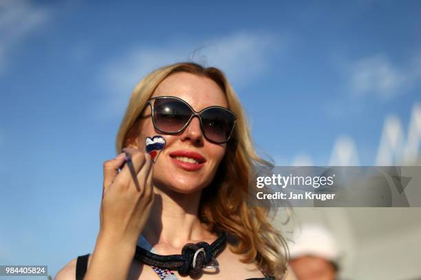 Fan has their face painted prior to the 2018 FIFA World Cup Russia group D match between Iceland and Croatia at Rostov Arena on June 26, 2018 in...