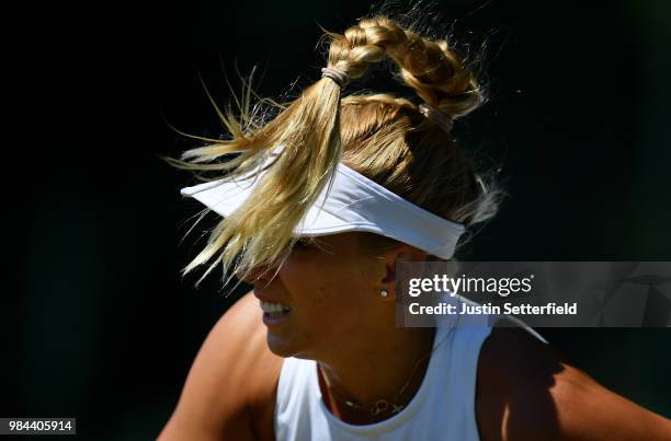 Sabine Lisicki of Germany serves against Anna Kalinskaya of Russia during Wimbledon Championships Qualifying - Day 2 at The Bank of England Sports...