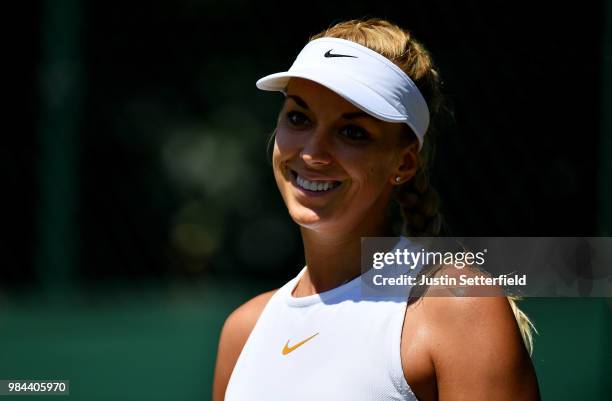 Sabine Lisicki of Germany reacts against Anna Kalinskaya of Russia during Wimbledon Championships Qualifying - Day 2 at The Bank of England Sports...