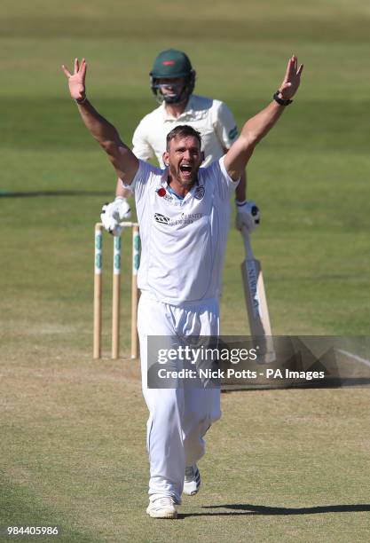 Derbyshire bowler Hardus Viljoen appeals LBW and he celebrates talking the wicket of Leicestershire opening batsman Paul Horton out for 88 during day...