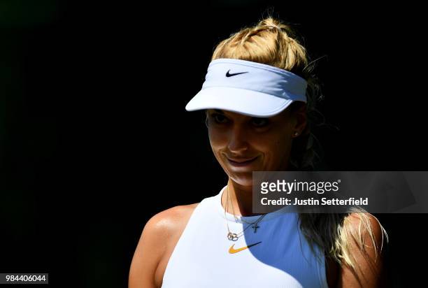Sabine Lisicki of Germany reacts against Anna Kalinskaya of Russia during Wimbledon Championships Qualifying - Day 2 at The Bank of England Sports...