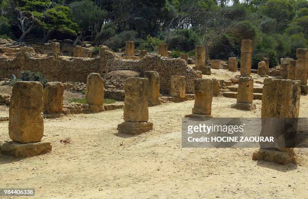 Ruins of the decumanus maximus are pictured 14 August 2002 at the historic site of Tipasa. On he Shores of the Mediterranean, Tipasa was an ancient...