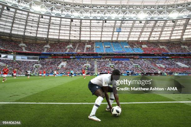Benjamin Mendy of France prepares to take a throw in during the 2018 FIFA World Cup Russia group C match between Denmark and France at Luzhniki...