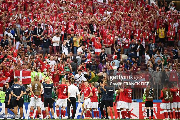 Denmark's players acknowledge the crowd at the end of the Russia 2018 World Cup Group C football match between Denmark and France at the Luzhniki...