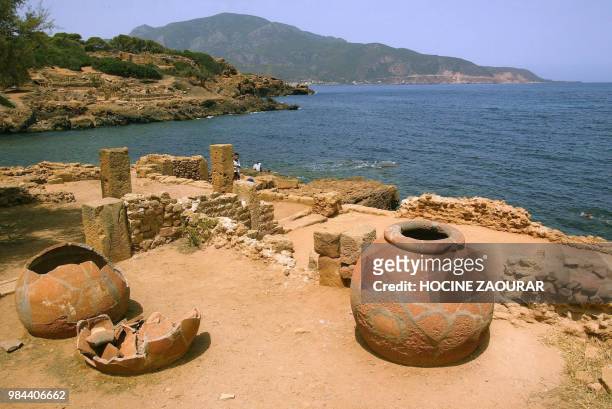 Ruins of the "frescos villa" with the mount Chenoua are pictured 14 August 2002 at the historic site of Tipasa. On he Shores of the Mediterranean,...