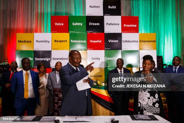 Representative Obert Mpofu speaks during the national peace pledge signing hosted by the National Peace and Reconciliation Commission on June 26 2018...