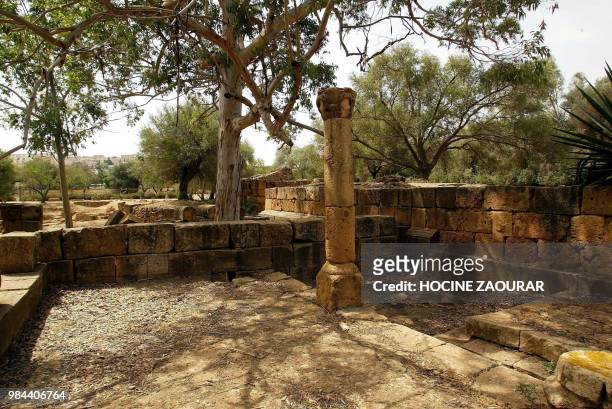 Prop of an ancient temple is pictured 14 August 2002 at the historic site of Tipasa. On he Shores of the Mediterranean, Tipasa was an ancient Punic...