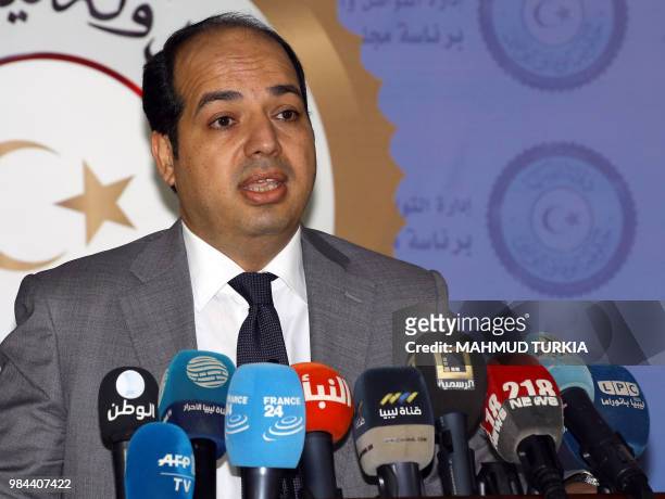 Ahmed Meitig, deputy head of Libya's Government of National Accord , speaks during a press conference in the capital Tripoli on June 26, 2018....