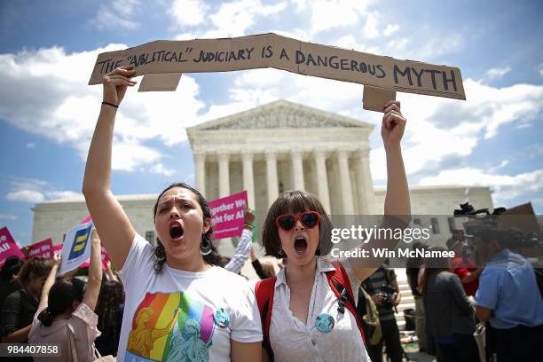 Protesters Celina Scott-Buechler and Lisset Pino demonstrate against U.S. President Trump's travel ban as protesters gather outside the U.S. Supreme...