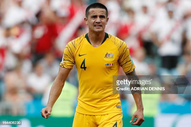 Australia's forward Tim Cahill reacts during the Russia 2018 World Cup Group C football match between Australia and Peru at the Fisht Stadium in...