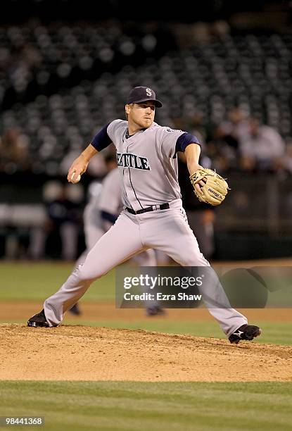 Shawn Kelley of the Seattle Mariners pitches against the Oakland Athletics at the Oakland-Alameda County Coliseum on April 6, 2010 in Oakland,...