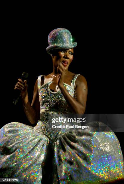 Grace Jones performs on stage at Vredenburg Leidsche Rijn on April 13, 2010 in Utrecht, Netherlands.