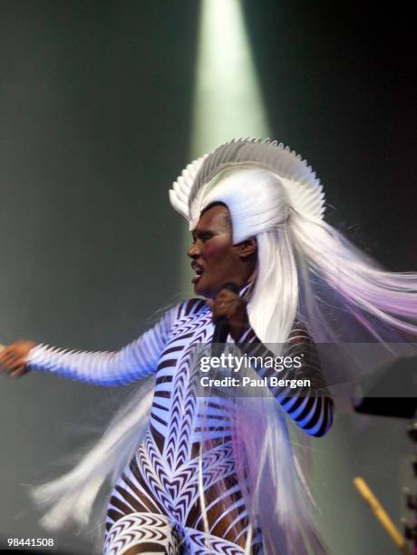 Grace Jones performs on stage at Vredenburg Leidsche Rijn on April 13, 2010 in Utrecht, Netherlands.