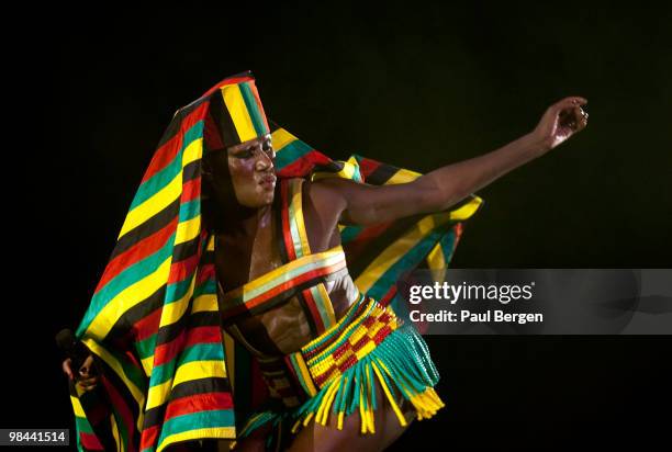 Grace Jones performs on stage at Vredenburg Leidsche Rijn on April 13, 2010 in Utrecht, Netherlands.