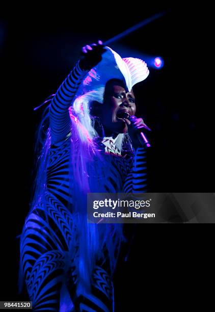 Grace Jones performs on stage at Vredenburg Leidsche Rijn on April 13, 2010 in Utrecht, Netherlands.