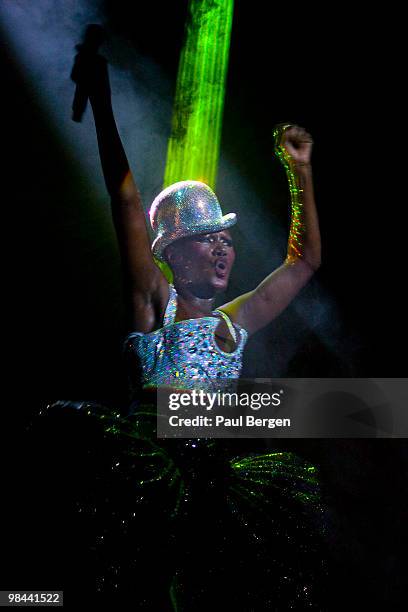 Grace Jones performs on stage at Vredenburg Leidsche Rijn on April 13, 2010 in Utrecht, Netherlands.