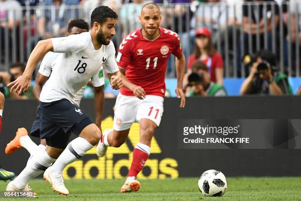 France's midfielder Nabil Fekir prepares to shoot and score an eventually disallowed goal during the Russia 2018 World Cup Group C football match...
