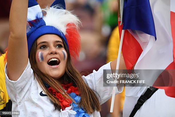 France fan cheers before the Russia 2018 World Cup Group C football match between Denmark and France at the Luzhniki Stadium in Moscow on June 26,...