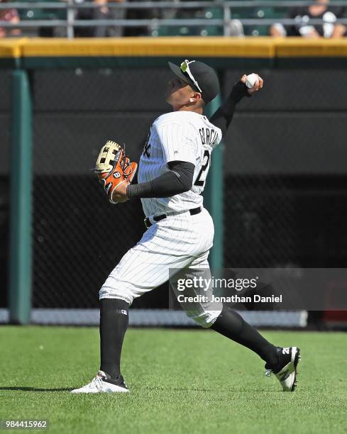 Avisail Garcia of the Chicago White Sox throws to the infield against the Oakland Athletics at Guaranteed Rate Field on June 23, 2018 in Chicago,...