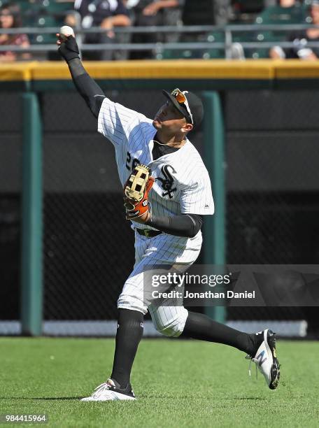 Avisail Garcia of the Chicago White Sox throws to the infield against the Oakland Athletics at Guaranteed Rate Field on June 23, 2018 in Chicago,...