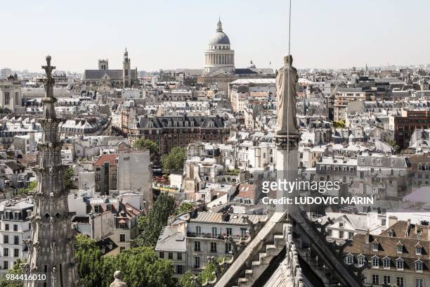 This photograph taken on June 26 from Notre Dame de Paris Cathedral, shows Dome du Pantheon , Saint Etienne du Mont Church and apartment buildings in...