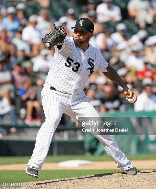 Hector Santiago of the Chicago White Sox pitches against the Oakland Athletics at Guaranteed Rate Field on June 23, 2018 in Chicago, Illinois. The...