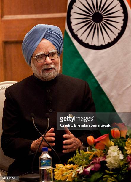 Manmohan Singh, Prime Minister of the Republic of India, speaks during a press conference after attending a nuclear summit April 13, 2010 in...