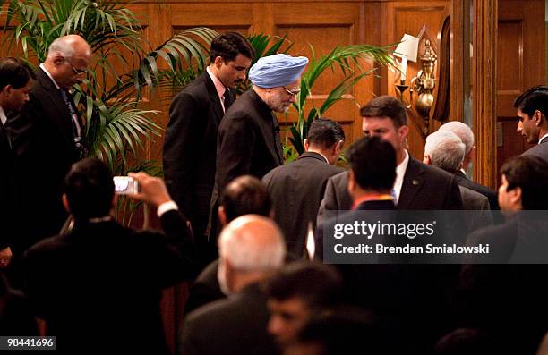 Manmohan Singh, Prime Minister of the Republic of India, leaves after a press conference after attending a nuclear summit April 13, 2010 in...