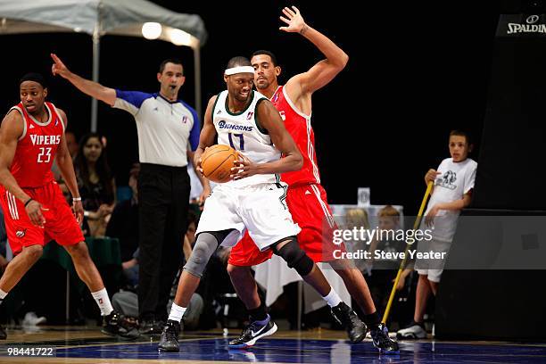 Rod Benson of the Reno Bighorns spins around against the Rio Grande Valley Vipers in Game One of their D-League playoff game on April 10, 2010 at the...