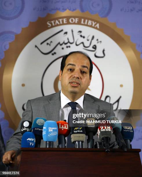 Ahmed Meitig, deputy head of Libya's Government of National Accord , speaks during a press conference in the capital Tripoli on June 26, 2018....