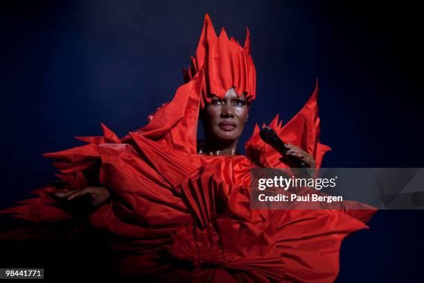 Grace Jones performs on stage at Vredenburg Leidsche Rijn on April 13, 2010 in Utrecht, Netherlands.