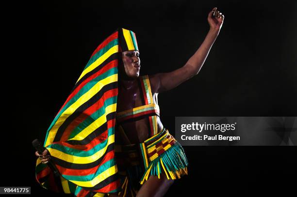 Grace Jones performs on stage at Vredenburg Leidsche Rijn on April 13, 2010 in Utrecht, Netherlands.