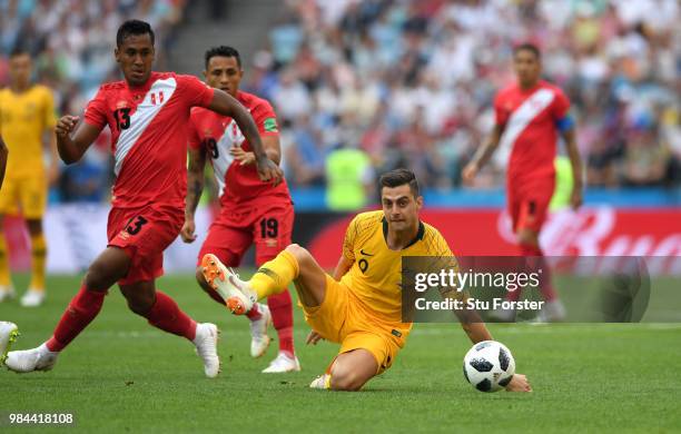 Australia player Tomi Juric in action during the 2018 FIFA World Cup Russia group C match between Australia and Peru at Fisht Stadium on June 26,...