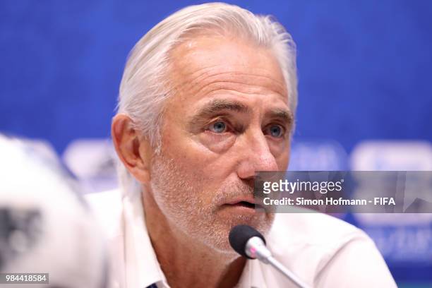Bert van Marwijk, Head coach of Australia speaks during a press conference after the 2018 FIFA World Cup Russia group C match between Australia and...