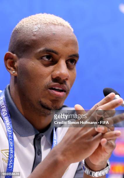 Andre Carrillo of Peru speaks during a press conference after the 2018 FIFA World Cup Russia group C match between Australia and Peru at Fisht...