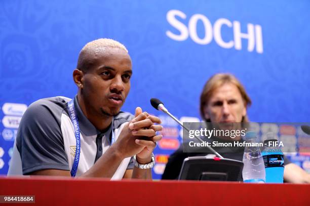 Andre Carrillo of Peru speaks during a press conference after the 2018 FIFA World Cup Russia group C match between Australia and Peru at Fisht...