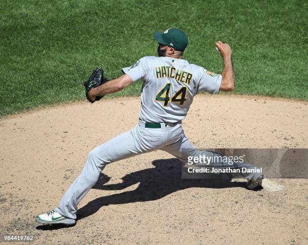 Chris Hatcher of the Oakland Athletics pitcxhes against the Chicago White Sox at Guaranteed Rate Field on June 23, 2018 in Chicago, Illinois. The...