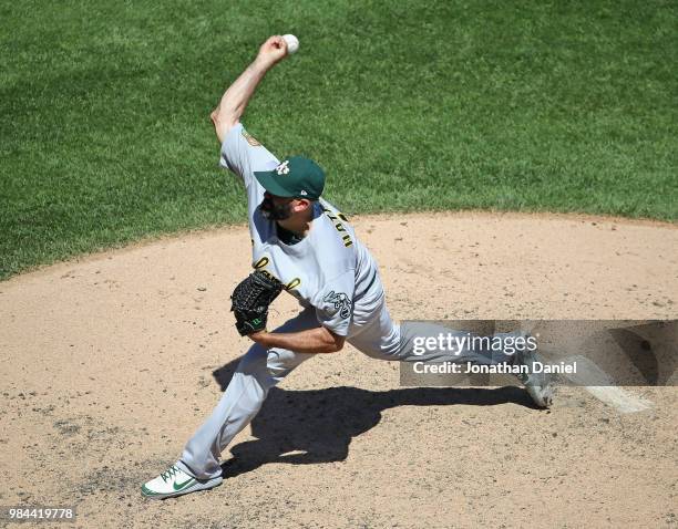 Chris Hatcher of the Oakland Athletics pitcxhes against the Chicago White Sox at Guaranteed Rate Field on June 23, 2018 in Chicago, Illinois. The...