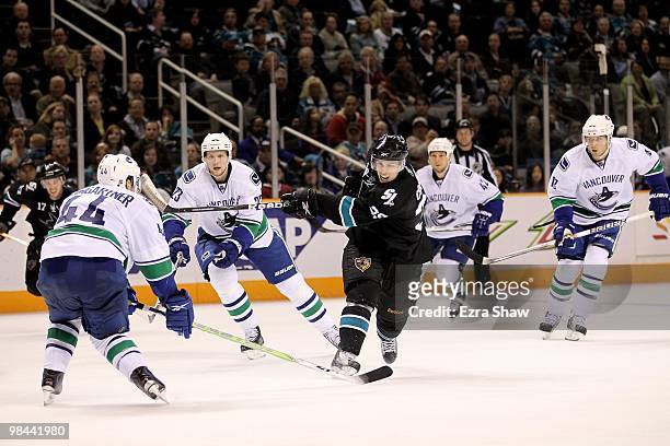 Logan Couture of the San Jose Sharks in action during their game against the Vancouver Canucks at HP Pavilion on April 8, 2010 in San Jose,...