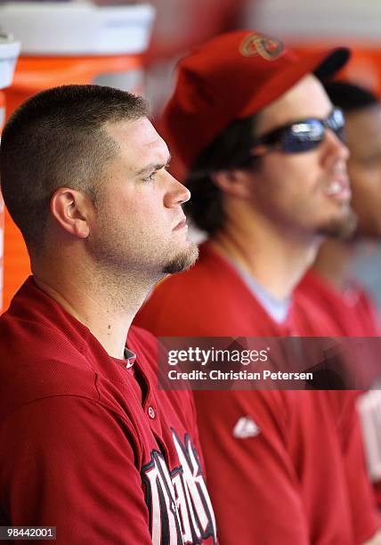 Chris Snyder of the Arizona Diamondbacks sits in the dugout during the major league baseball game against the Pittsburgh Pirates at Chase Field on...