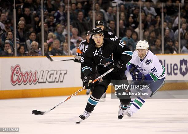 Devin Setoguchi of the San Jose Sharks in action during their game against the Vancouver Canucks at HP Pavilion on April 8, 2010 in San Jose,...