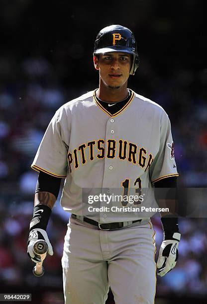 Ronny Cedeno of the Pittsburgh Pirates walks back to the dugout after striking out against the Arizona Diamondbacks during the major league baseball...