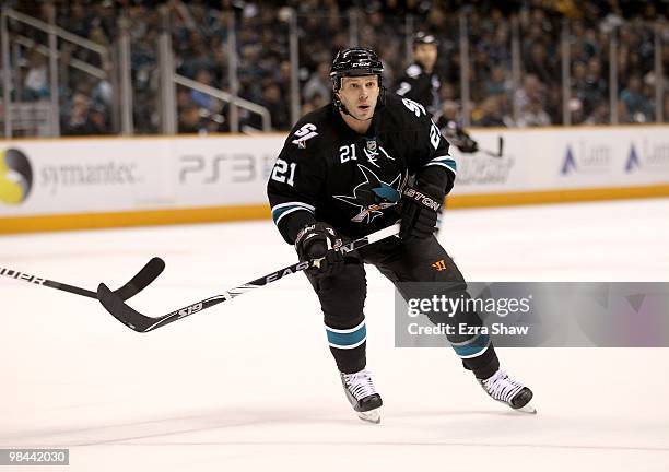 Scott Nichol of the San Jose Sharks in action during their game against the Vancouver Canucks at HP Pavilion on April 8, 2010 in San Jose, California.