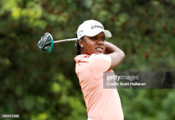 Mariah Stackhouse hits a shot during the pro-am prior to the start of the KPMG Women's PGA Championship at Kemper Lakes Golf Club on June 26, 2018 in...