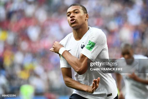 France's forward Kylian Mbappe gestures during the Russia 2018 World Cup Group C football match between Denmark and France at the Luzhniki Stadium in...