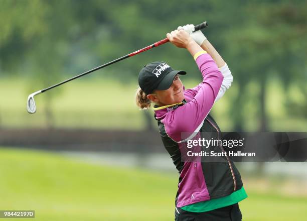 Stacy Lewis hits a shot during the pro-am prior to the start of the KPMG Women's PGA Championship at Kemper Lakes Golf Club on June 26, 2018 in...