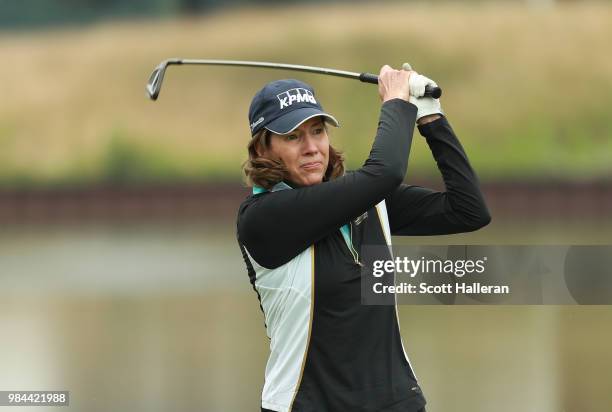 Lynne Doughtie, Chairman and CEO of KPMG, hits a shot during the pro-am prior to the start of the KPMG Women's PGA Championship at Kemper Lakes Golf...